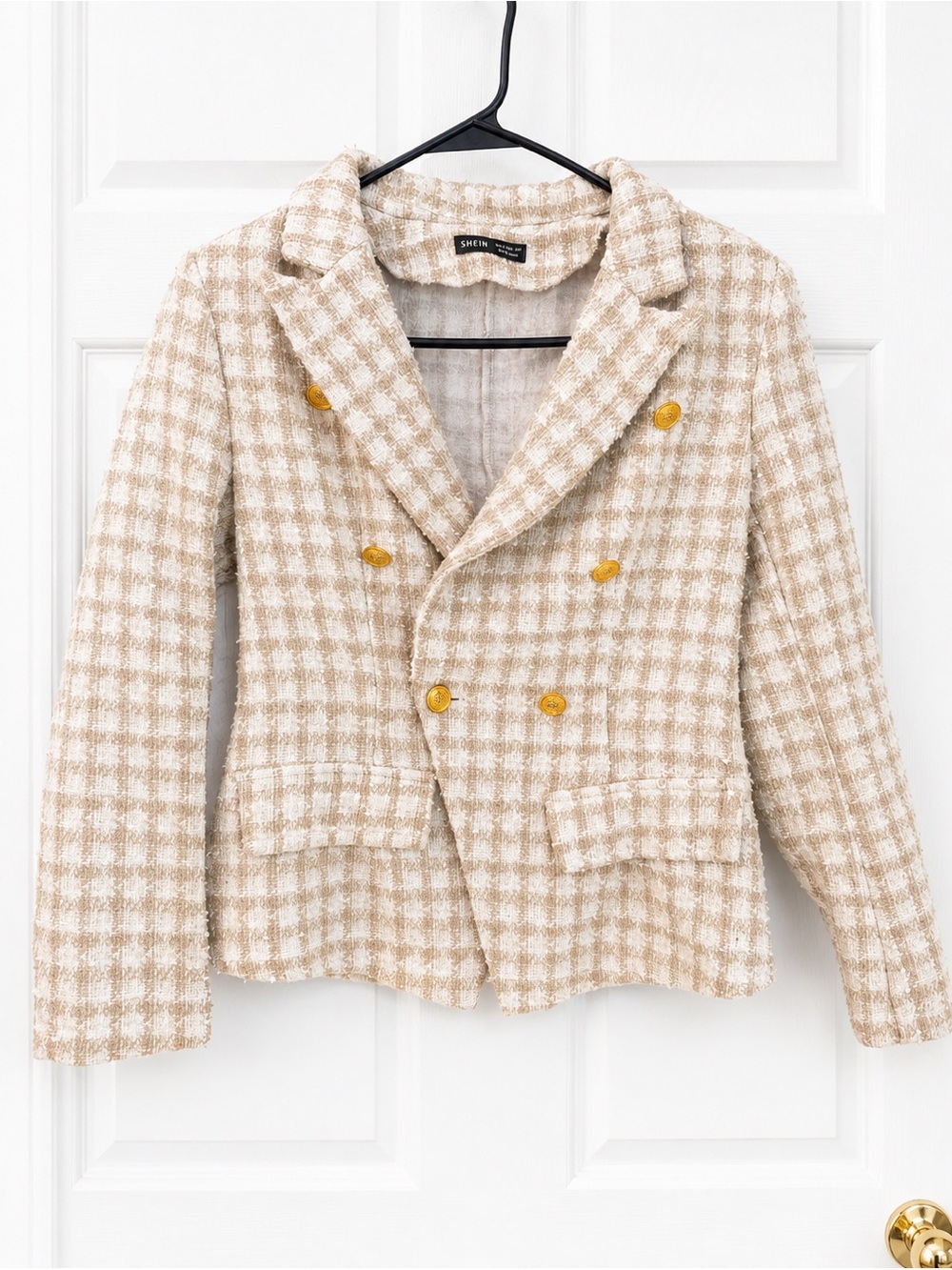 SHEIN Beige Cream Plaid Double-Breasted Tweed Blazer